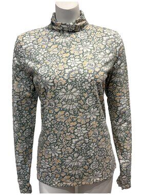 Peruvian Connection Shirt Womens M Pima Cotton Stretch Green Floral Long Sleeve